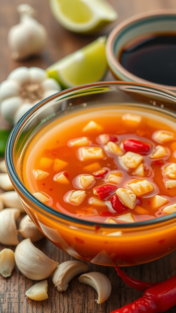 A bowl of spicy honey garlic marinade with garlic and chili, surrounded by fresh ingredients.